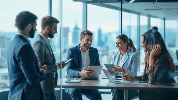 Modern corporate career discussion with a diverse professional team